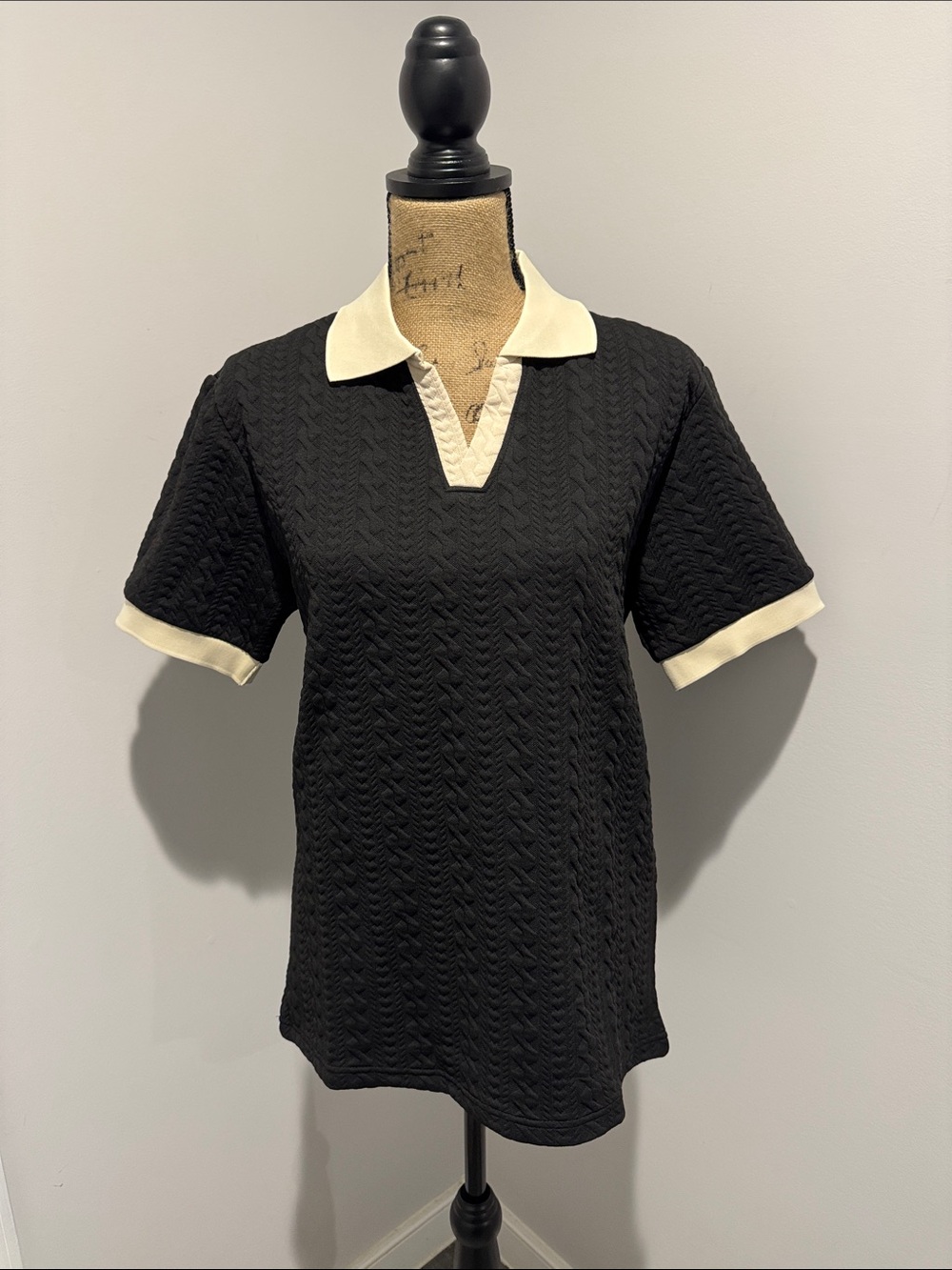 New In Package Men’s Black Knit Polo Top with Cream Trim